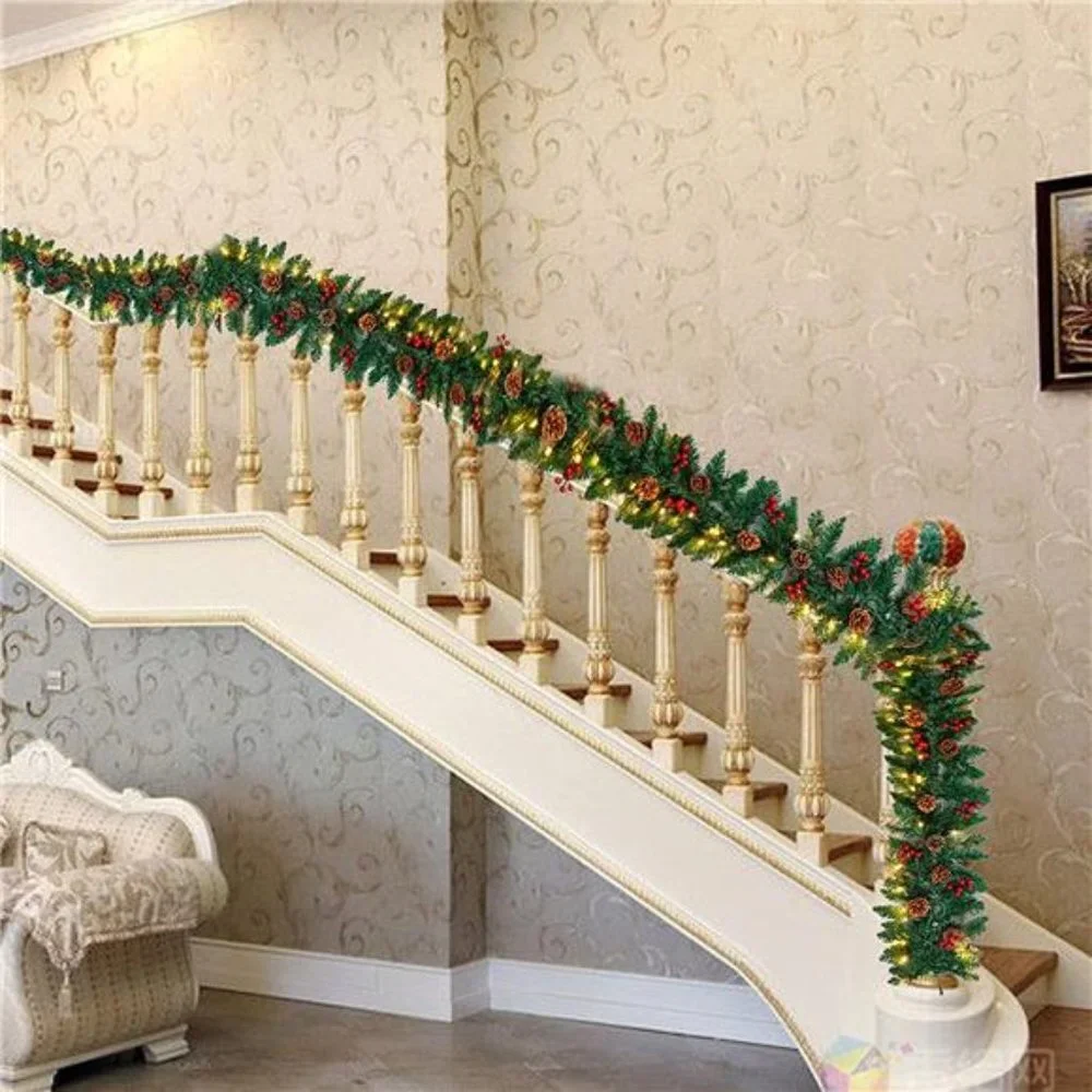 9Ft Christmas Garland Prelit with 100 LED Lights, 27 Pine Cones, 27 Red Berries